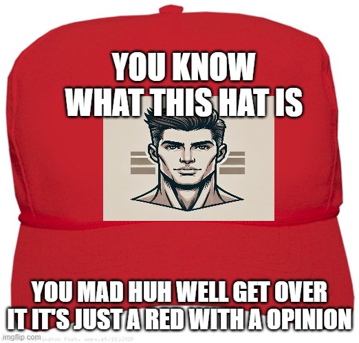 blank red MAGA hat | YOU KNOW WHAT THIS HAT IS; YOU MAD HUH WELL GET OVER IT IT'S JUST A RED WITH A OPINION | image tagged in blank red maga hat | made w/ Imgflip meme maker