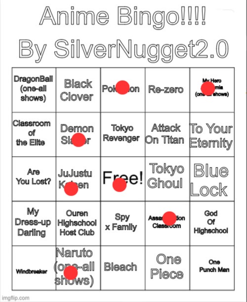 Anime Bingo | image tagged in anime bingo | made w/ Imgflip meme maker