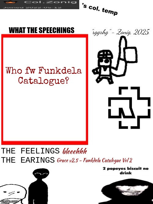 Col.Zonig's col. temp rgh | Who fw Funkdela Catalogue? bleeehhh; Grace v2.5 - Funkdela Catalogue Vol 2 | image tagged in col zonig's col temp rgh | made w/ Imgflip meme maker