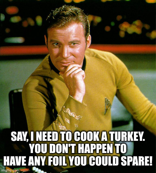 captain kirk | SAY, I NEED TO COOK A TURKEY.
YOU DON'T HAPPEN TO HAVE ANY FOIL YOU COULD SPARE! | image tagged in captain kirk | made w/ Imgflip meme maker