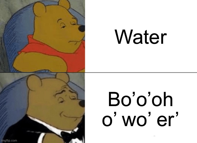 Bo’o’oh o’ wo’ er’ | Water; Bo’o’oh o’ wo’ er’ | image tagged in memes,tuxedo winnie the pooh | made w/ Imgflip meme maker