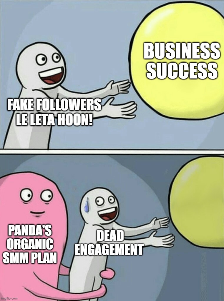 Running Away Balloon | BUSINESS SUCCESS; FAKE FOLLOWERS LE LETA HOON! DEAD ENGAGEMENT; PANDA'S ORGANIC SMM PLAN | image tagged in memes,running away balloon | made w/ Imgflip meme maker