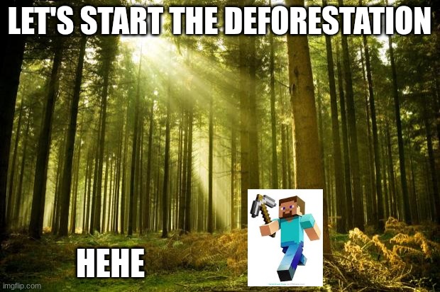 Minecraft funny | LET'S START THE DEFORESTATION; HEHE | image tagged in sunlit forest,minecraft,forest,deforestation | made w/ Imgflip meme maker