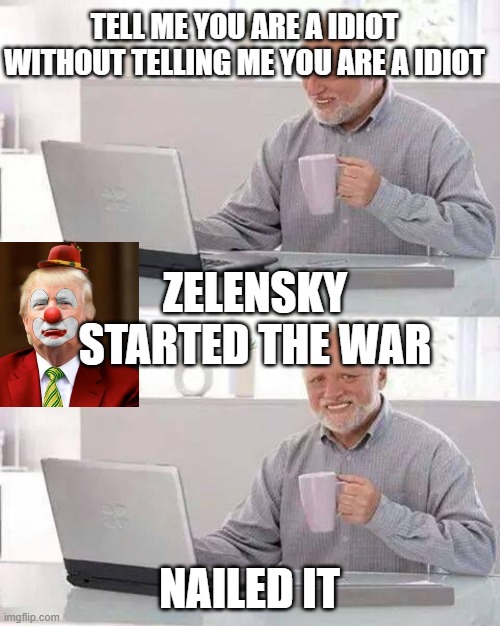 What a Idiot to blame Zelensky | TELL ME YOU ARE A IDIOT WITHOUT TELLING ME YOU ARE A IDIOT; ZELENSKY STARTED THE WAR; NAILED IT | image tagged in memes,hide the pain harold | made w/ Imgflip meme maker