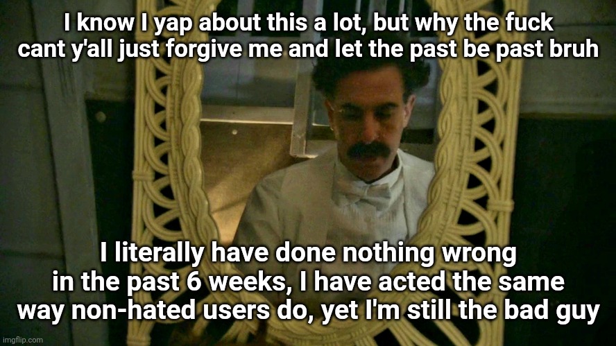 Borat sad in mirror | I know I yap about this a lot, but why the fuck cant y'all just forgive me and let the past be past bruh; I literally have done nothing wrong in the past 6 weeks, I have acted the same way non-hated users do, yet I'm still the bad guy | image tagged in borat sad in mirror | made w/ Imgflip meme maker