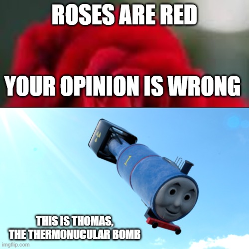 thomas the bomb | ROSES ARE RED; YOUR OPINION IS WRONG; THIS IS THOMAS, THE THERMONUCULAR BOMB | image tagged in roses are red,roses are red violets are blue,thomas the thermonuclear bomb | made w/ Imgflip meme maker