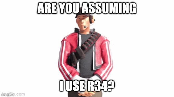 scout drip | ARE YOU ASSUMING I USE R34? | image tagged in scout drip | made w/ Imgflip meme maker