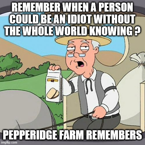 Anti Social media is the scourge of our time. | REMEMBER WHEN A PERSON COULD BE AN IDIOT WITHOUT THE WHOLE WORLD KNOWING ? PEPPERIDGE FARM REMEMBERS | image tagged in memes,pepperidge farm remembers | made w/ Imgflip meme maker