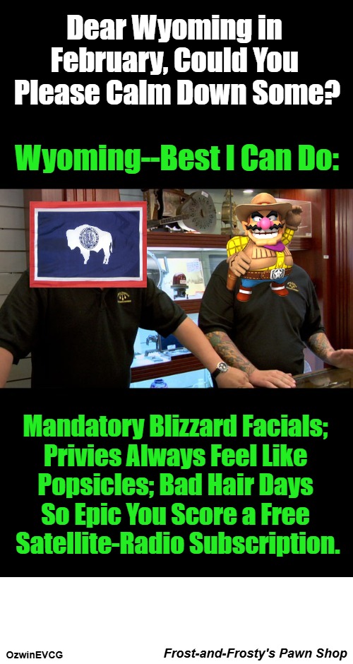 Frost-and-Frosty's Pawn Shop | Dear Wyoming in 

February, Could You 

Please Calm Down Some? Wyoming--Best I Can Do:; Mandatory Blizzard Facials; 

Privies Always Feel Like 

Popsicles; Bad Hair Days 

So Epic You Score a Free 

Satellite-Radio Subscription. Frost-and-Frosty's Pawn Shop; OzwinEVCG | image tagged in wyoming,weather,best i can do,cowboys,comedy,rural life | made w/ Imgflip meme maker