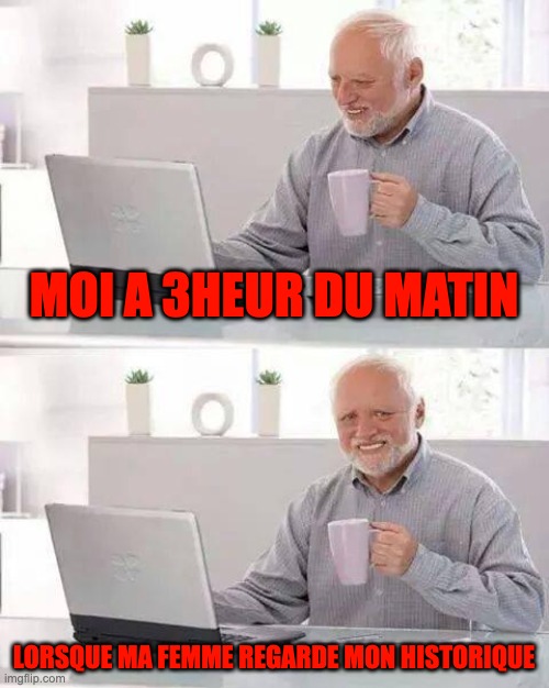 Hide the Pain Harold | MOI A 3HEUR DU MATIN; LORSQUE MA FEMME REGARDE MON HISTORIQUE | image tagged in memes,hide the pain harold | made w/ Imgflip meme maker