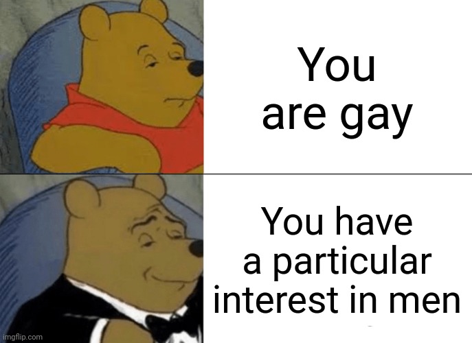 Nah | You are gay; You have a particular interest in men | image tagged in memes,tuxedo winnie the pooh | made w/ Imgflip meme maker