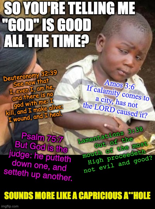 Religion rots the mind. It's time to jettison all of them. | SO YOU'RE TELLING ME; "GOD" IS GOOD ALL THE TIME? Deuteronomy 32:39
See now that I, even I, am he, and there is no god with me: I kill, and I make alive; I wound, and I heal. Amos 3:6
If calamity comes to a city, has not the LORD caused it? Lamentations 3:38 
Out of the mouth of the most High proceedeth not evil and good? Psalm 75:7
But God is the judge: he putteth down one, and setteth up another. SOUNDS MORE LIKE A CAPRICIOUS A**HOLE | image tagged in so you're telling me,atheist,religion brain rot,there is no god | made w/ Imgflip meme maker