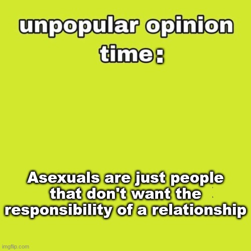 unpopular opinion | :; Asexuals are just people that don't want the responsibility of a relationship | image tagged in unpopular opinion | made w/ Imgflip meme maker