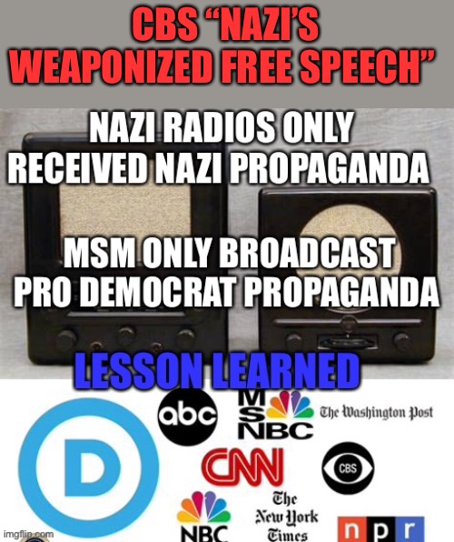 CBS, ignorance or propaganda? | CBS “NAZI’S WEAPONIZED FREE SPEECH” | image tagged in gifs,democrats,msm,fake news,propaganda | made w/ Imgflip meme maker