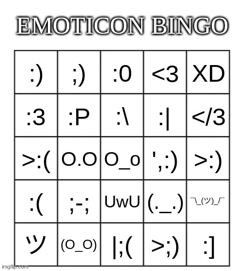 guh | image tagged in emoticon bingo | made w/ Imgflip meme maker