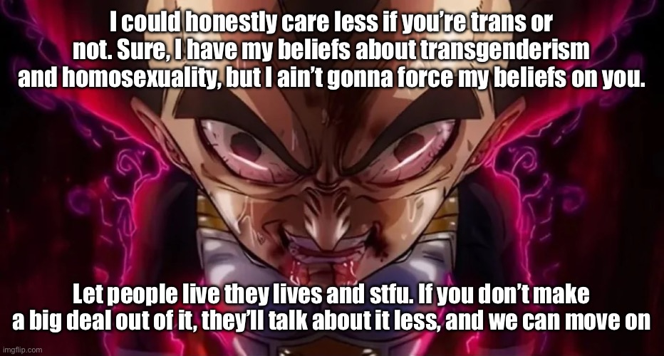 Yapping | I could honestly care less if you’re trans or not. Sure, I have my beliefs about transgenderism and homosexuality, but I ain’t gonna force my beliefs on you. Let people live they lives and stfu. If you don’t make a big deal out of it, they’ll talk about it less, and we can move on | image tagged in vegeta drool | made w/ Imgflip meme maker