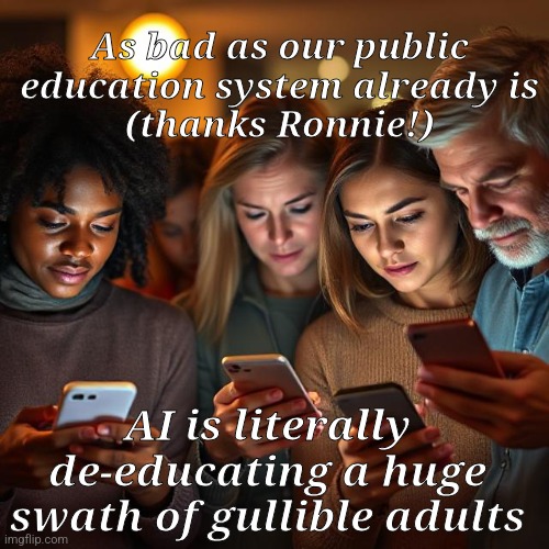 As bad as our public education system already is
(thanks Ronnie!); AI is literally de-educating a huge swath of gullible adults | made w/ Imgflip meme maker