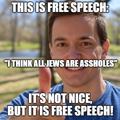 Free Speech 1 | THIS IS FREE SPEECH:; "I THINK ALL JEWS ARE ASSHOLES"; IT'S NOT NICE, BUT IT IS FREE SPEECH! | image tagged in free speech,hate speech | made w/ Imgflip meme maker