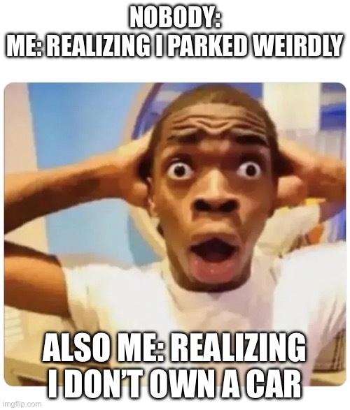 This like my first meme so plz don’t hate | NOBODY:
ME: REALIZING I PARKED WEIRDLY; ALSO ME: REALIZING I DON’T OWN A CAR | image tagged in black guy suprised | made w/ Imgflip meme maker