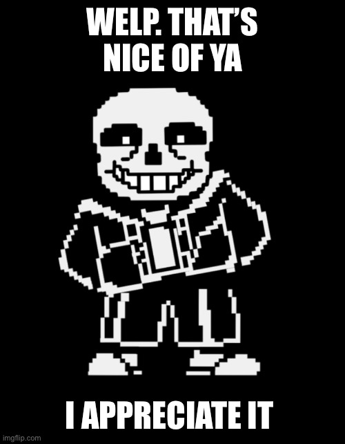 Sans leans | WELP. THAT’S NICE OF YA I APPRECIATE IT | image tagged in sans leans | made w/ Imgflip meme maker