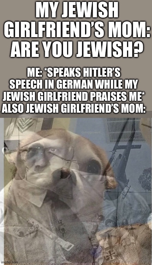 How to be the hated son inlaw | MY JEWISH GIRLFRIEND’S MOM: ARE YOU JEWISH? ME: *SPEAKS HITLER’S SPEECH IN GERMAN WHILE MY JEWISH GIRLFRIEND PRAISES ME*
ALSO JEWISH GIRLFRIEND’S MOM: | image tagged in ptsd chihuahua | made w/ Imgflip meme maker