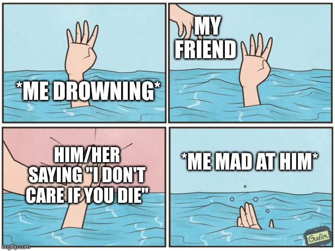 why do you hate me | MY FRIEND; *ME DROWNING*; *ME MAD AT HIM*; HIM/HER SAYING "I DON'T CARE IF YOU DIE" | image tagged in high five drown | made w/ Imgflip meme maker