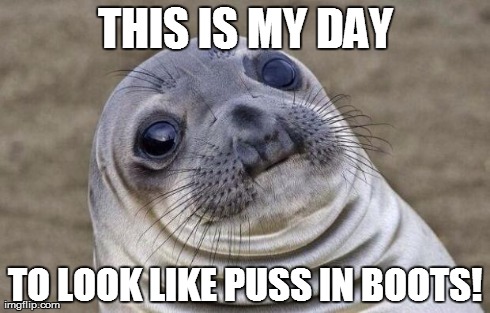 Awkward Moment Sealion | THIS IS MY DAY TO LOOK LIKE PUSS IN BOOTS! | image tagged in memes,awkward moment sealion | made w/ Imgflip meme maker