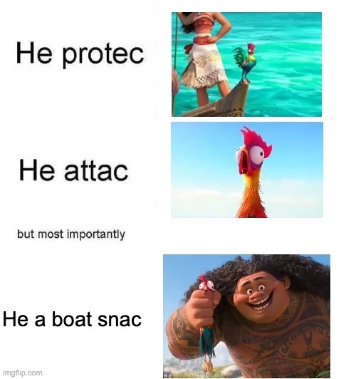 funny meme i found | e | image tagged in he protec he attac but most importantly,moana,heihei,chicken,maui | made w/ Imgflip meme maker