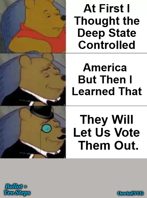 Ballot + Ten Steps | At First I 

Thought the 

Deep State 

Controlled; America 

But Then I 

Learned That; They Will 

Let Us Vote 

Them Out. Ballot + 

Ten Steps; OzwinEVCG | image tagged in fancy pooh,voting,deep state,politicians suck,government corruption,the struggle | made w/ Imgflip meme maker