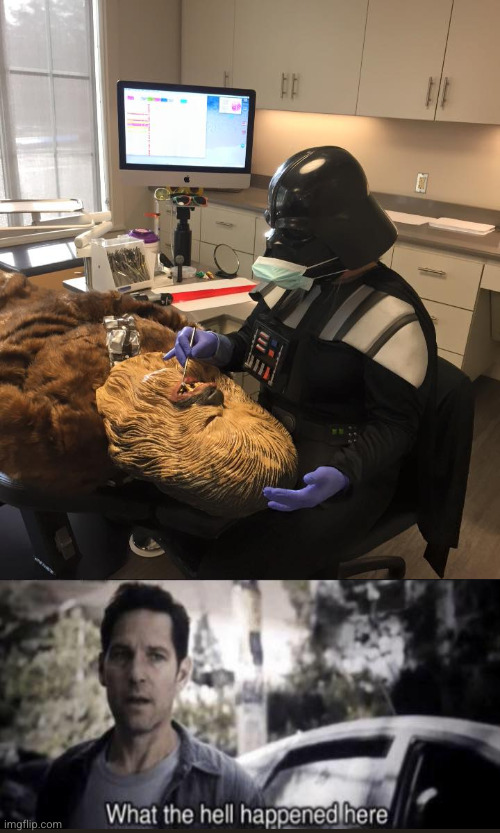 How much pain can he inflict? | image tagged in star wars vader chewie dentist,chewbacca,dentist,pain | made w/ Imgflip meme maker