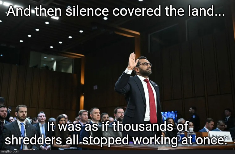 Silence of the shredders | And then silence covered the land... It was as if thousands of shredders all stopped working at once. | made w/ Imgflip meme maker