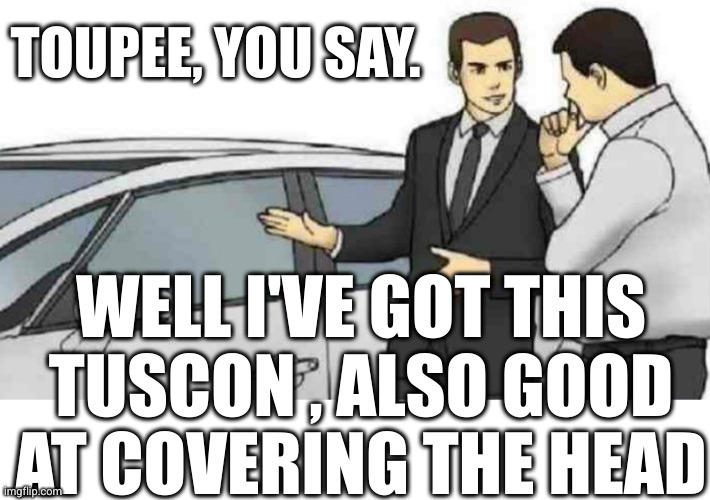 Car Salesman Slaps Roof Of Car Meme | TOUPEE, YOU SAY. WELL I'VE GOT THIS TUSCON , ALSO GOOD AT COVERING THE HEAD | image tagged in memes,car salesman slaps roof of car | made w/ Imgflip meme maker