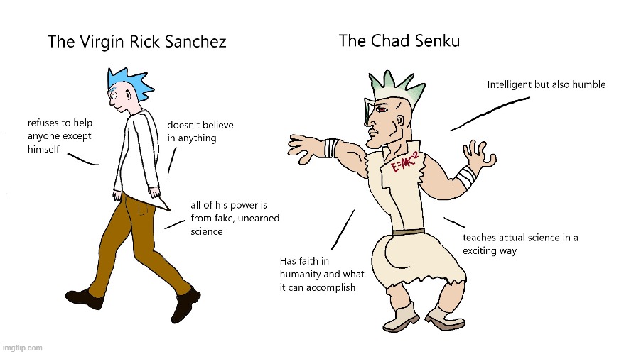 the virgin rick and morty vs the chad dr stone | image tagged in virgin vs chad | made w/ Imgflip meme maker