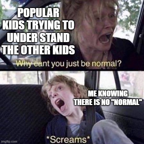 im confused to how this came to be | POPULAR KIDS TRYING TO UNDER STAND THE OTHER KIDS; ME KNOWING THERE IS NO "NORMAL" | image tagged in why can't you just be normal,weirdo,memes | made w/ Imgflip meme maker