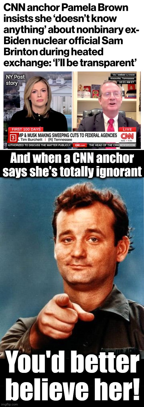 Another ignorant CNN anchorwoman | NY Post
story; And when a CNN anchor
says she's totally ignorant; You'd better
believe her! | image tagged in bill murray,memes,cnn,ignorant,sam brinton,democrats | made w/ Imgflip meme maker