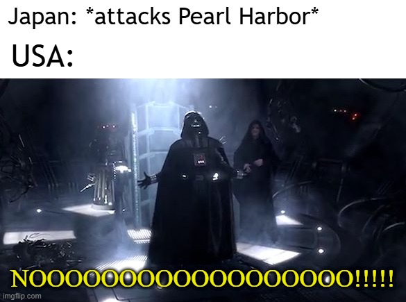 Let's attack Pearl Harbor | Japan: *attacks Pearl Harbor*; USA:; NOOOOOOOOOOOOOOOOOO!!!!! | image tagged in vader nooooooooo,memes,funny | made w/ Imgflip meme maker