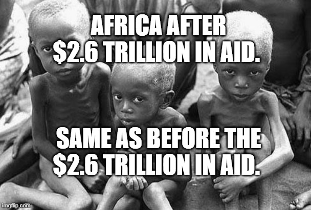 starving africans | AFRICA AFTER $2.6 TRILLION IN AID. SAME AS BEFORE THE $2.6 TRILLION IN AID. | image tagged in starving africans | made w/ Imgflip meme maker