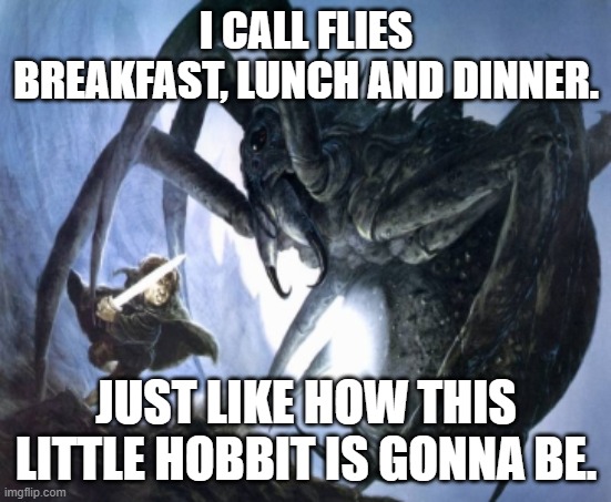 I CALL FLIES BREAKFAST, LUNCH AND DINNER. JUST LIKE HOW THIS LITTLE HOBBIT IS GONNA BE. | image tagged in shelob | made w/ Imgflip meme maker