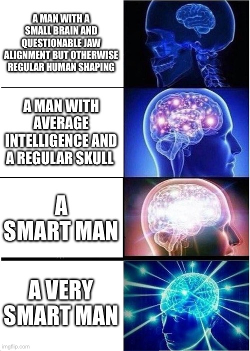 high quality posts you can expect from me | A MAN WITH A SMALL BRAIN AND QUESTIONABLE JAW ALIGNMENT BUT OTHERWISE REGULAR HUMAN SHAPING; A MAN WITH AVERAGE INTELLIGENCE AND A REGULAR SKULL; A SMART MAN; A VERY SMART MAN | image tagged in memes,expanding brain | made w/ Imgflip meme maker