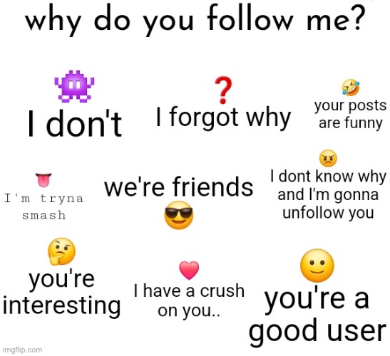 Nobody follows me | image tagged in why do you follow me | made w/ Imgflip meme maker