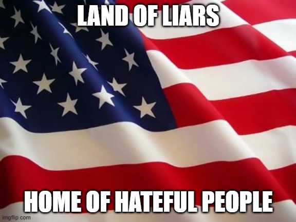 Hate has a home in America | LAND OF LIARS; HOME OF HATEFUL PEOPLE | image tagged in american flag,america,hate,lies,liars,hatred | made w/ Imgflip meme maker