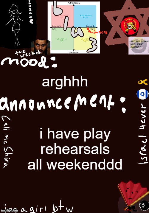 :( | arghhh; i have play rehearsals all weekenddd | image tagged in blu3 s shira temp | made w/ Imgflip meme maker