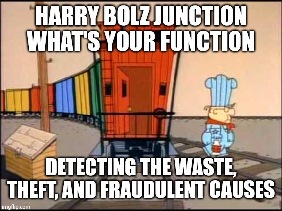 Conjunction Junction | HARRY BOLZ JUNCTION
WHAT'S YOUR FUNCTION DETECTING THE WASTE, THEFT, AND FRAUDULENT CAUSES | image tagged in conjunction junction | made w/ Imgflip meme maker