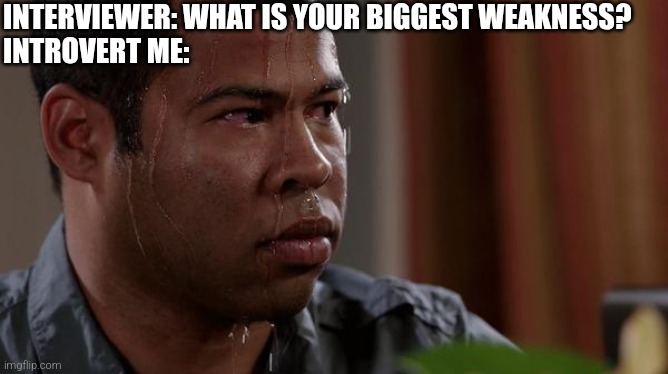 True | INTERVIEWER: WHAT IS YOUR BIGGEST WEAKNESS?
INTROVERT ME: | image tagged in sweating bullets,fun,memes,funny memes,dank memes | made w/ Imgflip meme maker