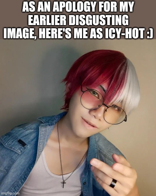 Also supplying therapy | AS AN APOLOGY FOR MY EARLIER DISGUSTING IMAGE, HERE'S ME AS ICY-HOT :) | image tagged in shoto todoroki,probably plays,doki doki literature club | made w/ Imgflip meme maker