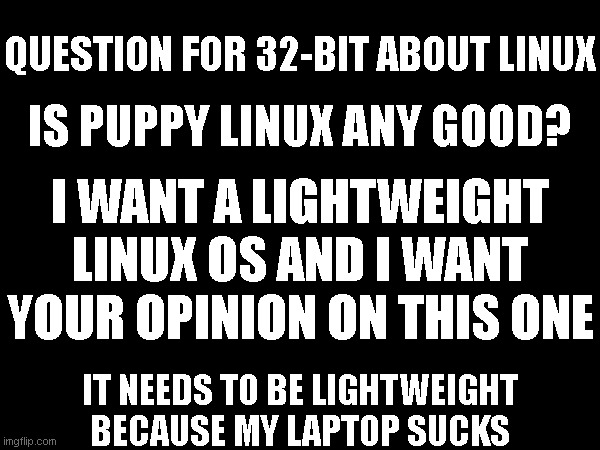 Is it any good? | QUESTION FOR 32-BIT ABOUT LINUX; IS PUPPY LINUX ANY GOOD? I WANT A LIGHTWEIGHT LINUX OS AND I WANT YOUR OPINION ON THIS ONE; IT NEEDS TO BE LIGHTWEIGHT BECAUSE MY LAPTOP SUCKS | made w/ Imgflip meme maker