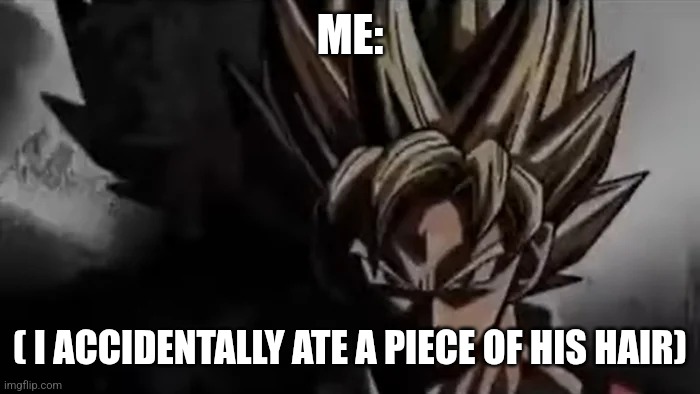 Goku Staring | ME: ( I ACCIDENTALLY ATE A PIECE OF HIS HAIR) | image tagged in goku staring | made w/ Imgflip meme maker