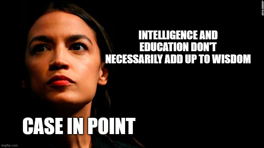 INTELLIGENCE AND EDUCATION DON'T NECESSARILY ADD UP TO WISDOM CASE IN POINT | image tagged in ocasio-cortez super genius | made w/ Imgflip meme maker