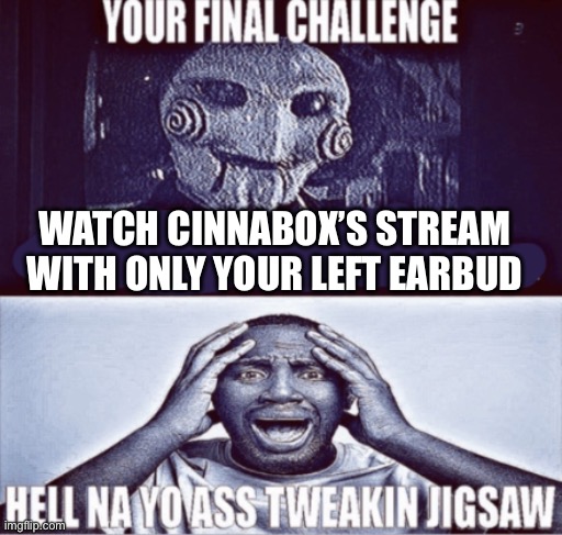 your final challenge | WATCH CINNABOX’S STREAM WITH ONLY YOUR LEFT EARBUD | image tagged in your final challenge | made w/ Imgflip meme maker