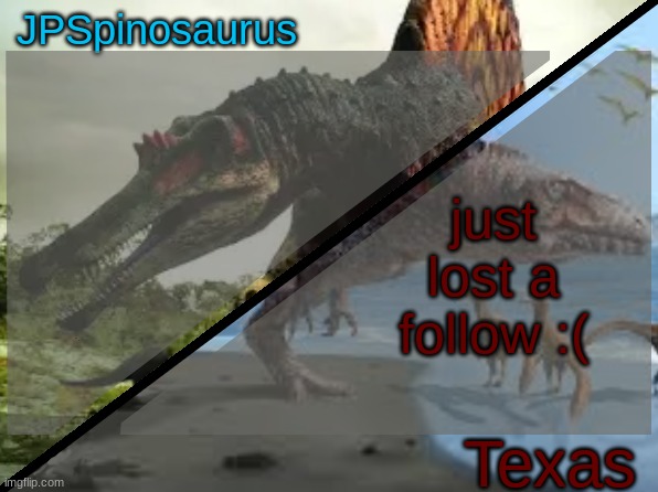 JPSpinosaurus x Texas shared template | just lost a follow :( | image tagged in jpspinosaurus x texas shared template | made w/ Imgflip meme maker